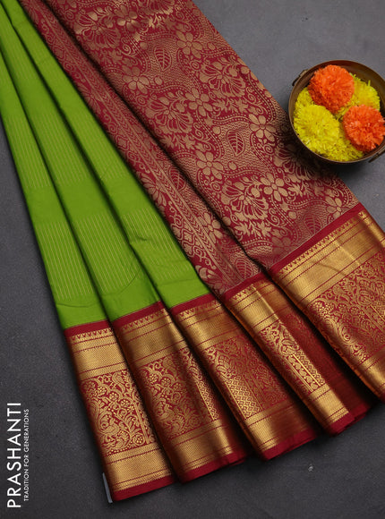 Semi kanchipuram silk saree light green and maroon with allover zari weaves & buttas and long rich zari woven korvai border
