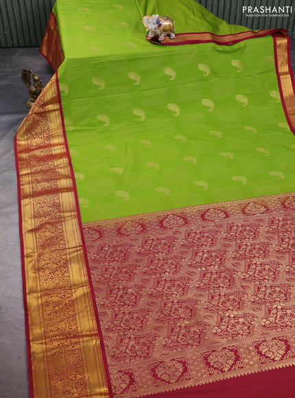 Semi kanchipuram silk saree light green and maroon with allover zari weaves & buttas and long rich zari woven korvai border