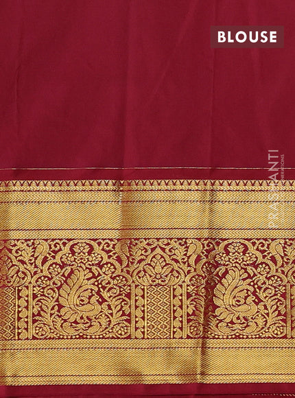 Semi kanchipuram silk saree mustard yellow and maroon with allover zari weaves & buttas and long rich zari woven korvai border