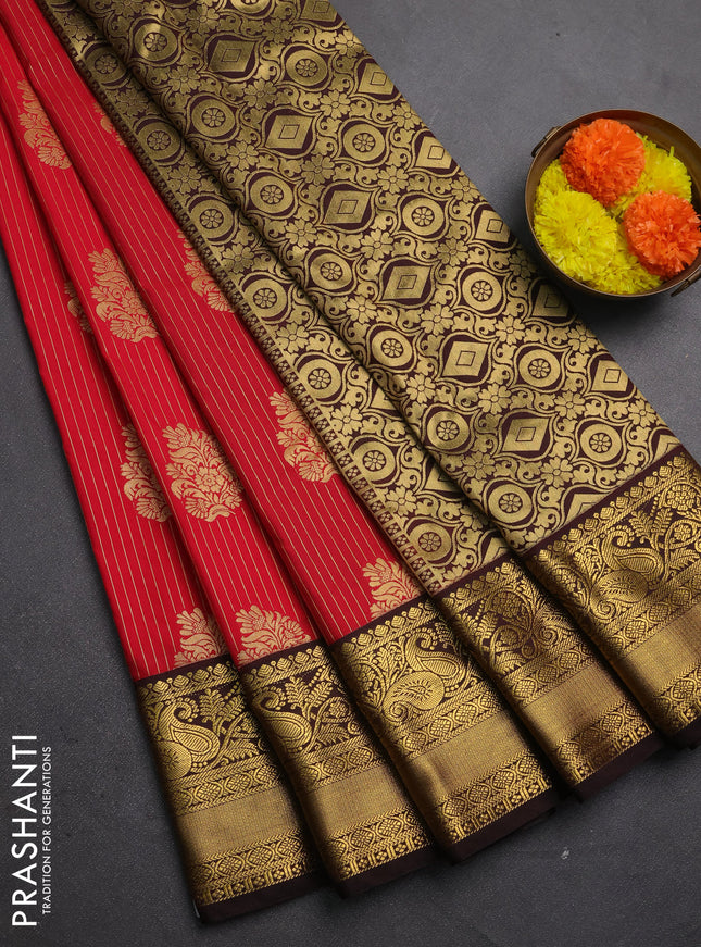 Semi kanchipuram silk saree red and coffee brown with allover zari stripes & buttas and rich zari woven korvai border