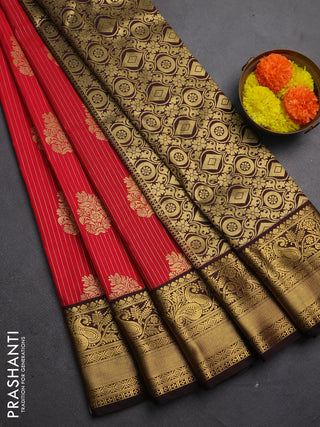 Semi kanchipuram silk saree red and coffee brown with allover zari stripes & buttas and rich zari woven korvai border