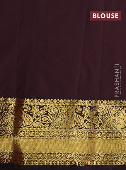 Semi kanchipuram silk saree red and coffee brown with allover zari stripes & buttas and rich zari woven korvai border