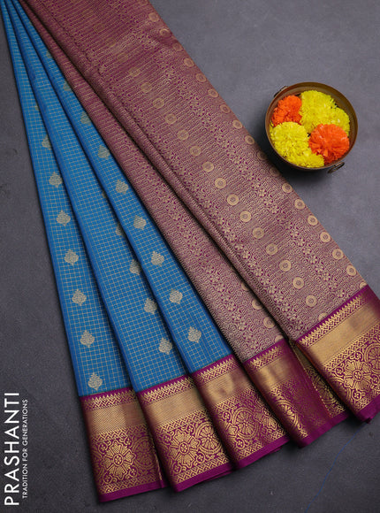 Semi kanchipuram silk saree cs blue and purple with allover zari checks & buttas and zari woven korvai border