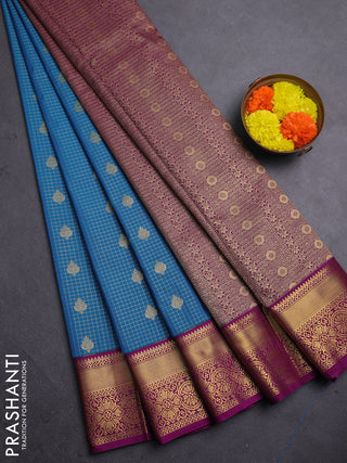 Semi kanchipuram silk saree cs blue and purple with allover zari checks & buttas and zari woven korvai border