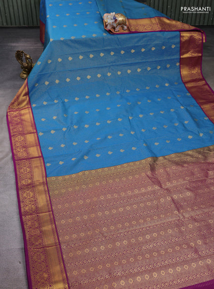 Semi kanchipuram silk saree cs blue and purple with allover zari checks & buttas and zari woven korvai border