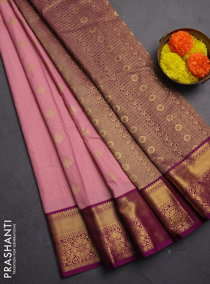 Semi kanchipuram silk saree light pink and purple with allover zari checks & buttas and zari woven korvai border