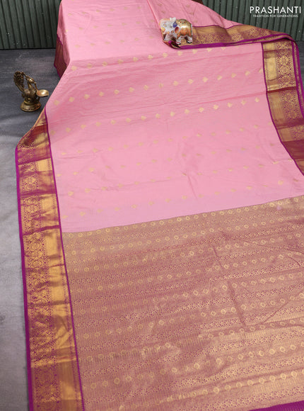 Semi kanchipuram silk saree light pink and purple with allover zari checks & buttas and zari woven korvai border