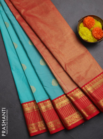 Semi kanchipuram silk saree teal green and red with zari woven buttas and zari woven korvai border