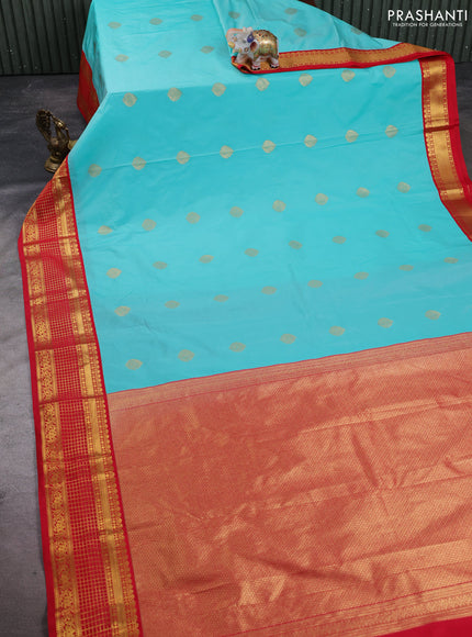 Semi kanchipuram silk saree teal green and red with zari woven buttas and zari woven korvai border