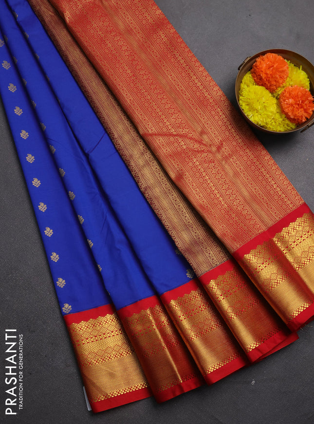 Semi kanchipuram silk saree blue and red with allover zari woven buttas and rich zari woven korvai border