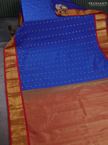 Semi kanchipuram silk saree blue and red with allover zari woven buttas and rich zari woven korvai border