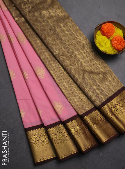 Semi kanchipuram silk saree light pink and coffee brown with zari woven buttas and rich zari woven korvai border