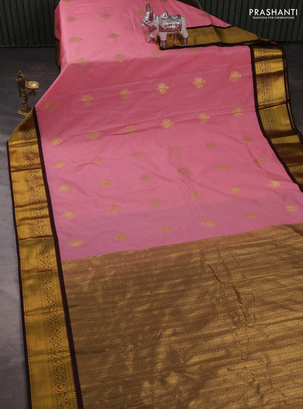 Semi kanchipuram silk saree light pink and coffee brown with zari woven buttas and rich zari woven korvai border