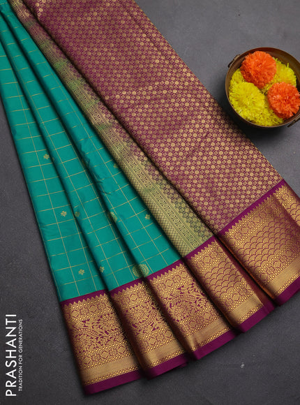 Semi kanchipuram silk saree teal green and wine shade with allover zari checks & buttas and rich zari woven korvai border