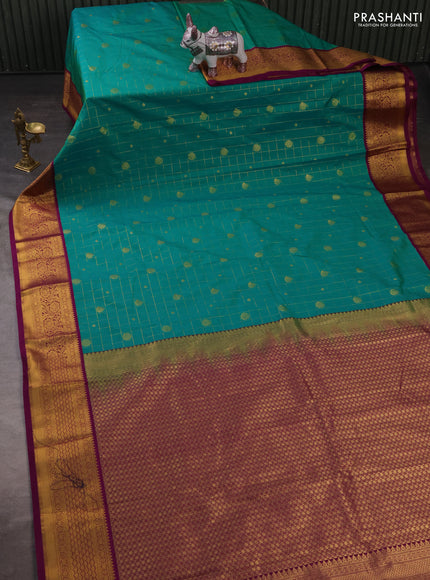Semi kanchipuram silk saree teal green and wine shade with allover zari checks & buttas and rich zari woven korvai border