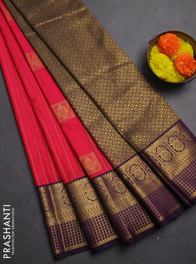 Semi kanchipuram silk saree pink and deep purple with allover zari weaves & buttas and long zari woven korvai border