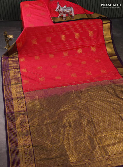 Semi kanchipuram silk saree pink and deep purple with allover zari weaves & buttas and long zari woven korvai border