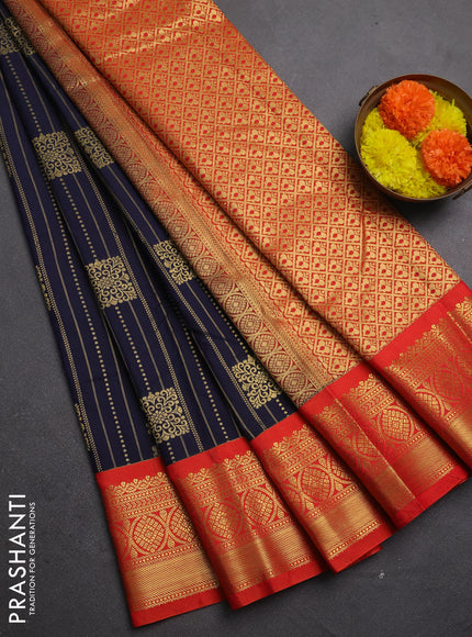 Semi kanchipuram silk saree navy blue and red with allover zari stripes & buttas and zari woven korvai border