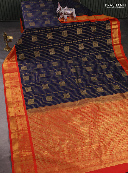 Semi kanchipuram silk saree navy blue and red with allover zari stripes & buttas and zari woven korvai border
