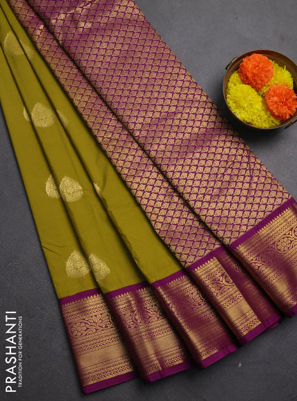 Semi kanchipuram silk saree mehendi green and wine shade with zari woven buttas and rich zari woven korvai border