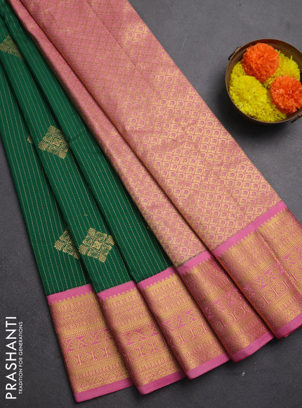 Semi kanchipuram silk saree green and pink with allover zari stripes & buttas and zari woven korvai border