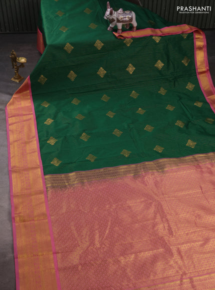 Semi kanchipuram silk saree green and pink with allover zari stripes & buttas and zari woven korvai border