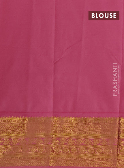 Semi kanchipuram silk saree green and pink with allover zari stripes & buttas and zari woven korvai border