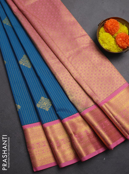 Semi kanchipuram silk saree peacock blue and light pink with allover zari stripes & buttas and zari woven korvai border