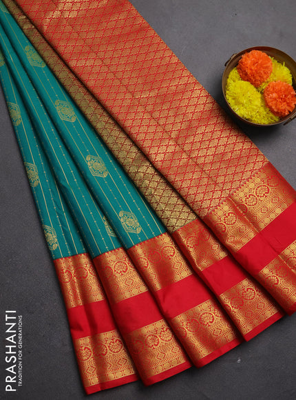 Semi kanchipuram silk saree teal green and red with allover zari stripes & buttas and long rettapet zari woven korvai border