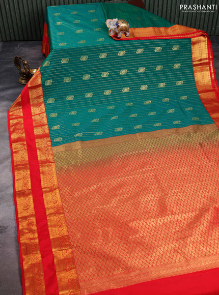 Semi kanchipuram silk saree teal green and red with allover zari stripes & buttas and long rettapet zari woven korvai border