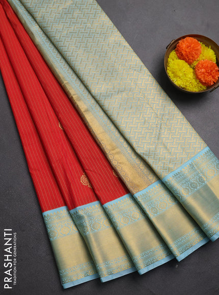 Semi kanchipuram silk saree red and light blue with allover zari stripes & buttas and rich zari woven korvai border