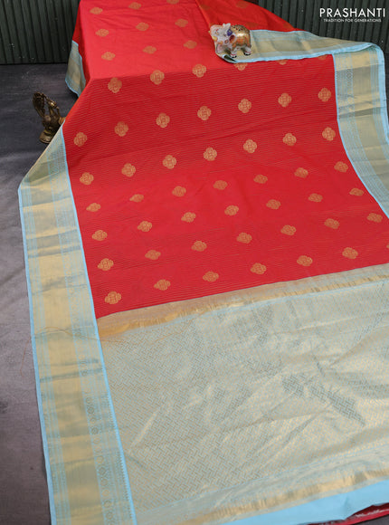 Semi kanchipuram silk saree red and light blue with allover zari stripes & buttas and rich zari woven korvai border
