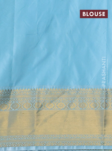 Semi kanchipuram silk saree red and light blue with allover zari stripes & buttas and rich zari woven korvai border
