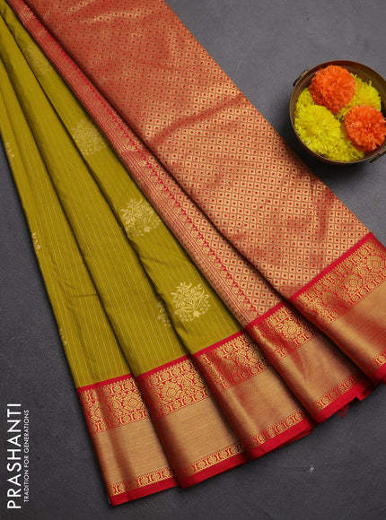 Semi kanchipuram silk saree mustard green and red with allover zari stripes & buttas and rich zari woven korvai border