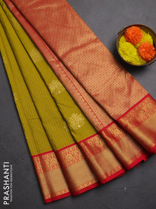 Semi kanchipuram silk saree mustard green and red with allover zari stripes & buttas and rich zari woven korvai border