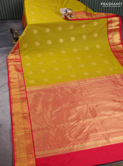 Semi kanchipuram silk saree mustard green and red with allover zari stripes & buttas and rich zari woven korvai border