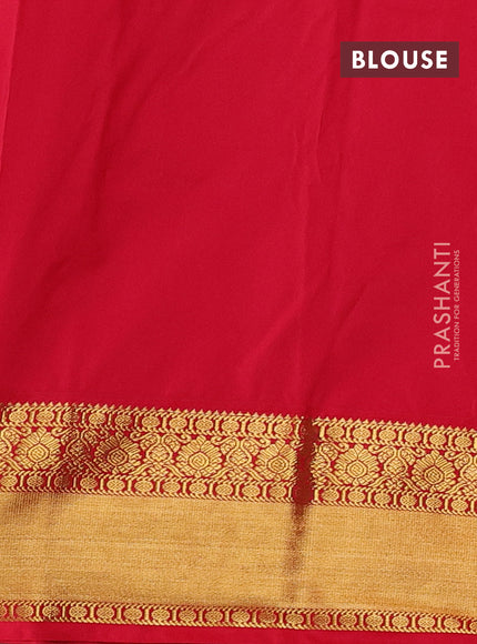 Semi kanchipuram silk saree mustard green and red with allover zari stripes & buttas and rich zari woven korvai border