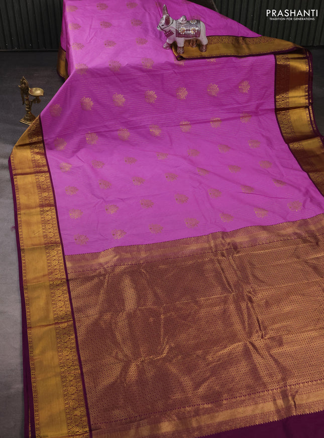 Semi kanchipuram silk saree lotus pink and wine shade with allover zari stripes & buttas and rich zari woven korvai border