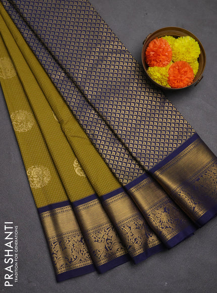 Semi kanchipuram silk saree mustard green and navy blue with allover zari weaves & buttas and zari woven korvai border