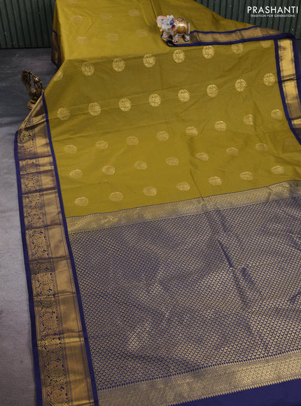 Semi kanchipuram silk saree mustard green and navy blue with allover zari weaves & buttas and zari woven korvai border
