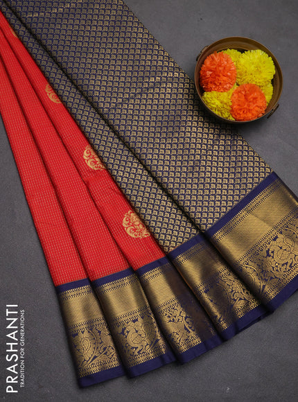 Semi kanchipuram silk saree red and navy blue with allover zari weaves & buttas and zari woven korvai border