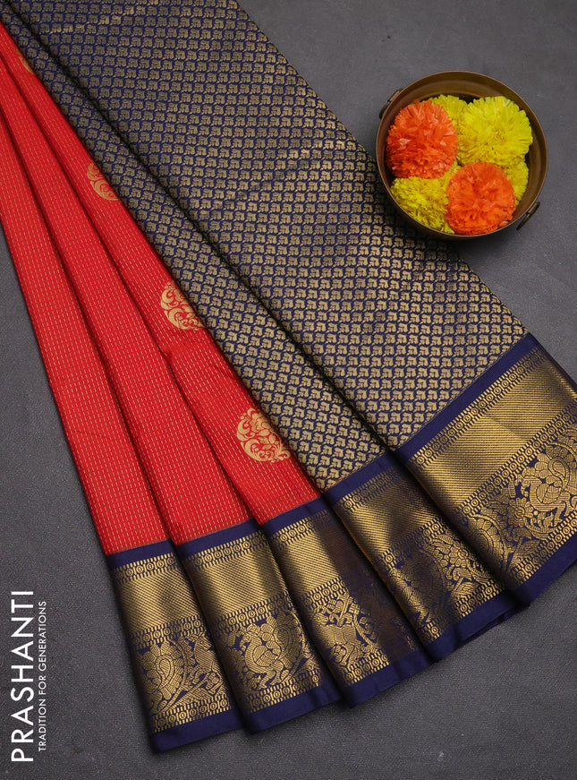 Semi kanchipuram silk saree red and navy blue with allover zari weaves & buttas and zari woven korvai border