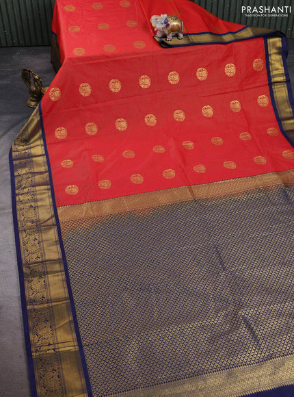 Semi kanchipuram silk saree red and navy blue with allover zari weaves & buttas and zari woven korvai border
