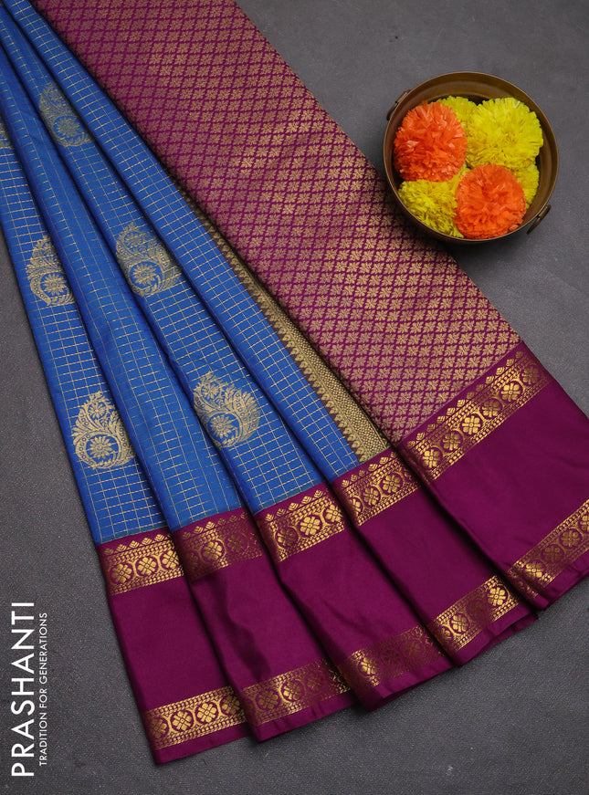 Semi kanchipuram silk saree blue and purple with allover zari checks & buttas and rettapet zari woven korvai border