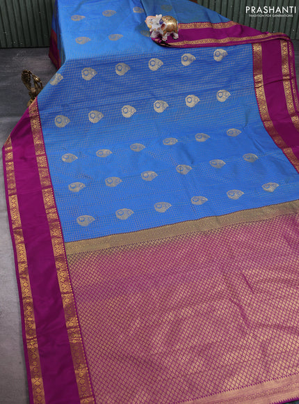 Semi kanchipuram silk saree blue and purple with allover zari checks & buttas and rettapet zari woven korvai border