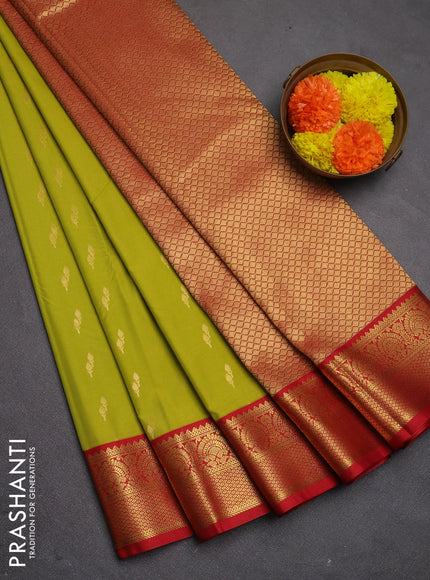 Semi kanchipuram silk saree lime green and red with allover zari woven buttas and zari woven korvai border