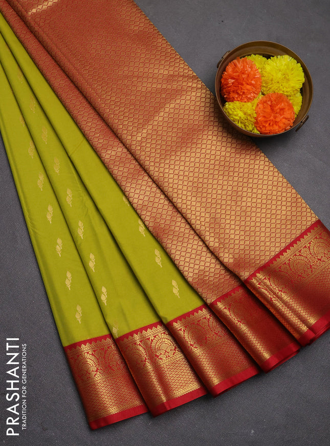 Semi kanchipuram silk saree lime green and red with allover zari woven buttas and zari woven korvai border