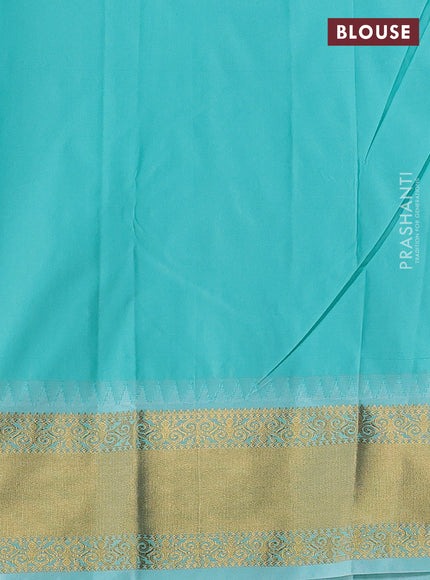 Semi kanchipuram silk saree orange and teal shade with allover small zari checks & buttas and temple design zari woven korvai border