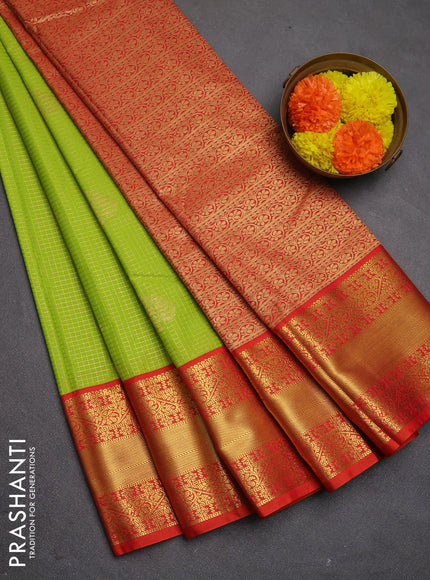Semi kanchipuram silk saree light green and red with allover small zari checks & buttas and zari woven korvai border