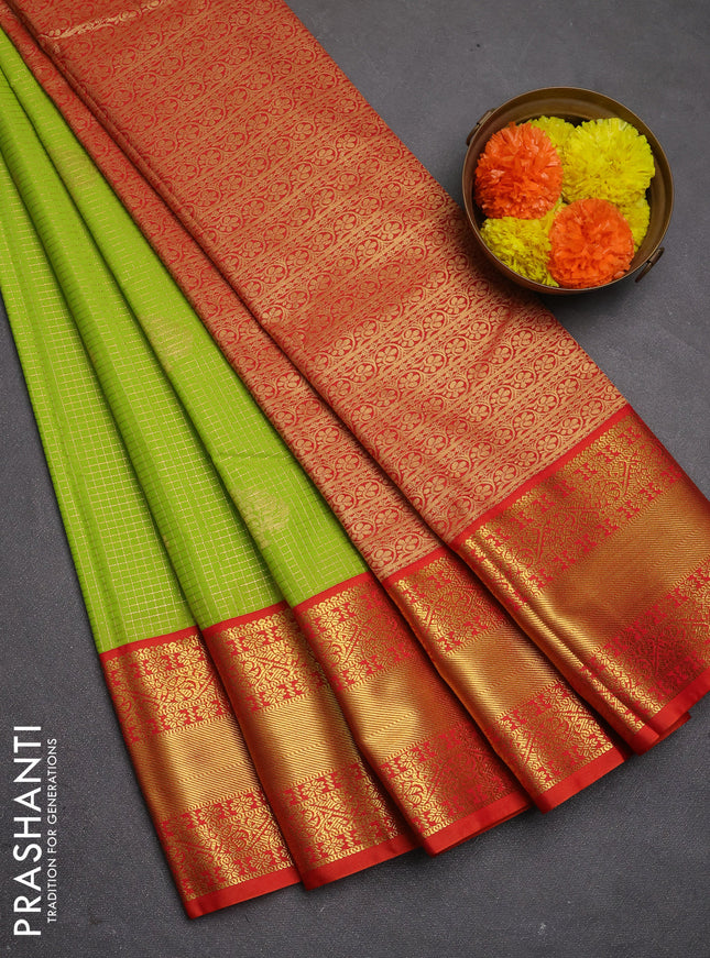 Semi kanchipuram silk saree light green and red with allover small zari checks & buttas and zari woven korvai border